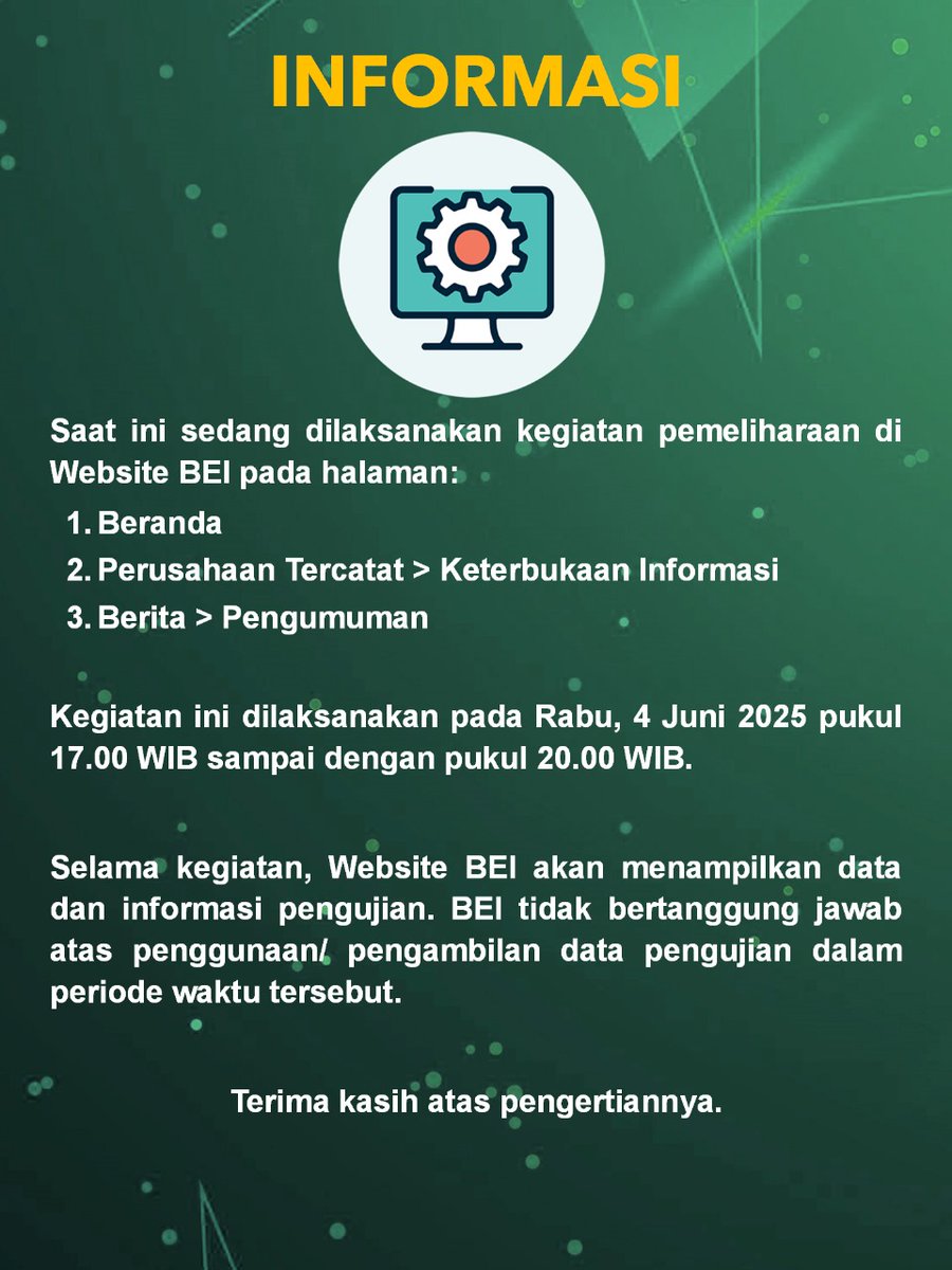 Pemberitahuan. Saat ini sedang dilakukan kegiatan pengujian di Website BEI.

Terima kasih.