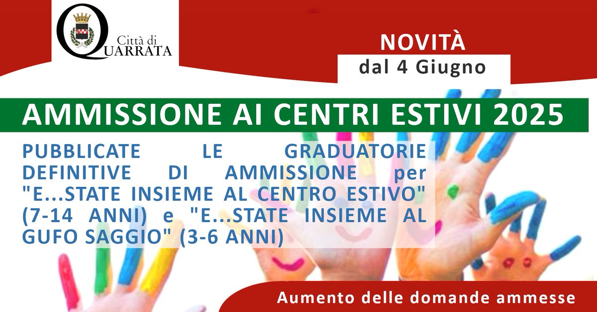 📣 CENTRI ESTIVI 2025 - GRADUATORIE DEFINITIVE
Hai fatto domanda di ammissione al centro estivo comunale per tua figlia o tuo figlio? Verifica la tua posizione nelle graduatorie definitive approvate

👉 bit.ly/4kSguas