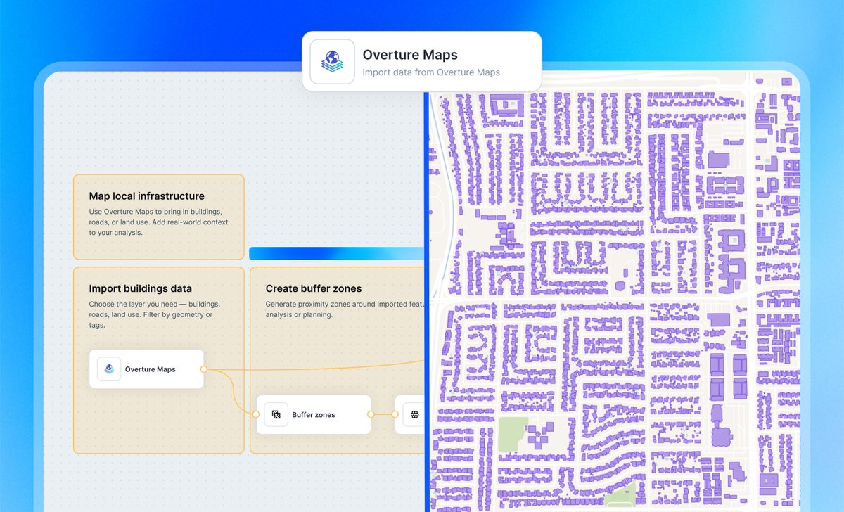 Still manually creating impact zones?

With Atlas Workflows, you don’t have to.

Use the Overture Maps node to bring in roads, buildings, or land use data
Then run a buffer to create automatic zones around them

Great for:
🚧 Planning roadworks
🏫 Measuring noise near schools
⚡