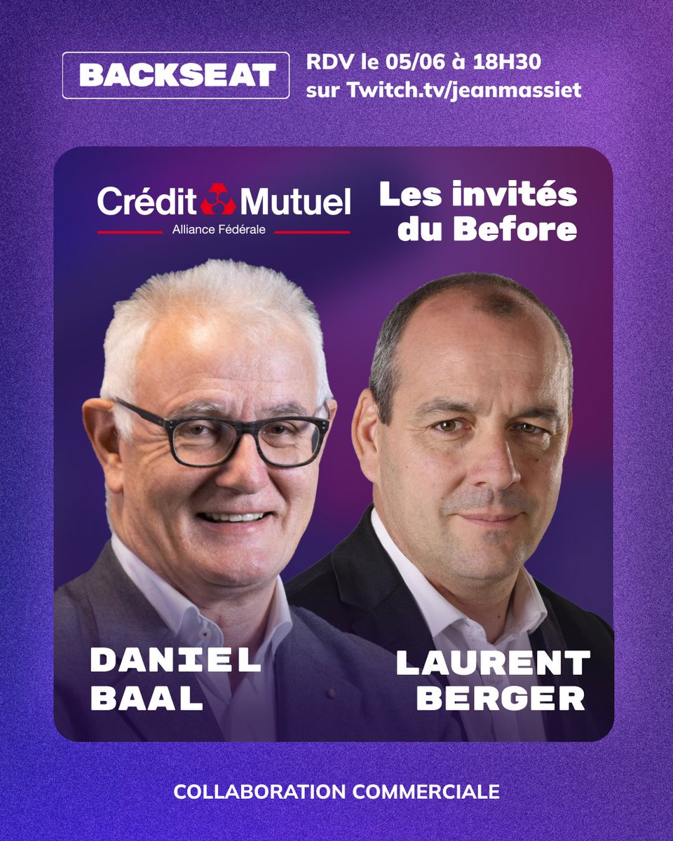 Backseat🎙 (@backseat_fr) on Twitter photo 📢 RDV Jeudi à 18h30 avec un Before aux côtés de <a href="/BaalDaniel/">Daniel Baal</a>, président du groupe <a href="/CreditMutuelAF/">Crédit Mutuel Alliance Fédérale</a> et <a href="/LaurentBerger44/">Laurent Berger</a>, directeur de l'Institut Mutualiste pour l'Environnement et la Solidarité de Crédit Mutuel Alliance Fédérale pour parler entreprise et engagement ! 📢 RDV Jeudi à 18h30 avec un Before aux côtés de <a href="/BaalDaniel/">Daniel Baal</a>, président du groupe <a href="/CreditMutuelAF/">Crédit Mutuel Alliance Fédérale</a> et <a href="/LaurentBerger44/">Laurent Berger</a>, directeur de l'Institut Mutualiste pour l'Environnement et la Solidarité de Crédit Mutuel Alliance Fédérale pour parler entreprise et engagement !