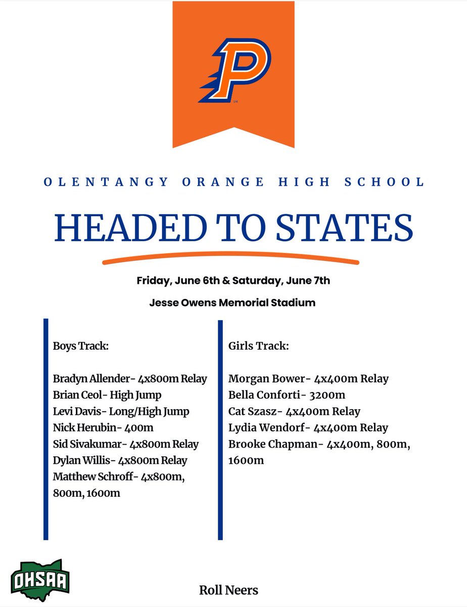 🚨 TRACK STATES 🚨

✍️ Mark your calendars for this Friday and Saturday! Our Boys and Girls Track programs will be competing in States at the Jesse Owen Memorial Stadium😤 

Good luck to our student-athletes and of course, 

Roll Neers🍊