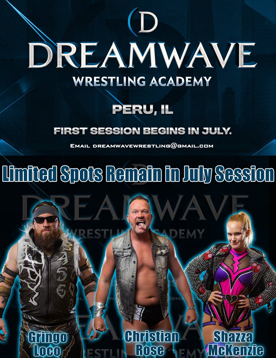 Dreamwave Wrestling (@dwwrestling) on Twitter photo The first session of the Dreamwave Wrestling Academy in Peru, IL begins in July.
We have 3-4 spots remaining for the first session.
Email dreamwavewrestling@gmail.com for more info! The first session of the Dreamwave Wrestling Academy in Peru, IL begins in July.
We have 3-4 spots remaining for the first session.
Email dreamwavewrestling@gmail.com for more info!
