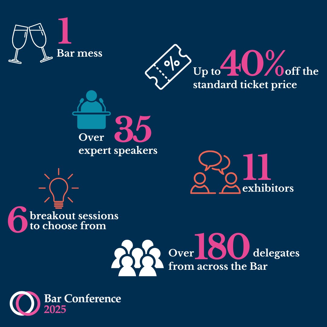 Bar Conference 2025 in numbers.

Our event brings the whole Bar together with an exclusive programme of expert speakers debating the big issues. 

✍Gain practical tips for career development in our breakout sessions
🗣️Speak to our exhibitors 
🌐Come together with colleagues for