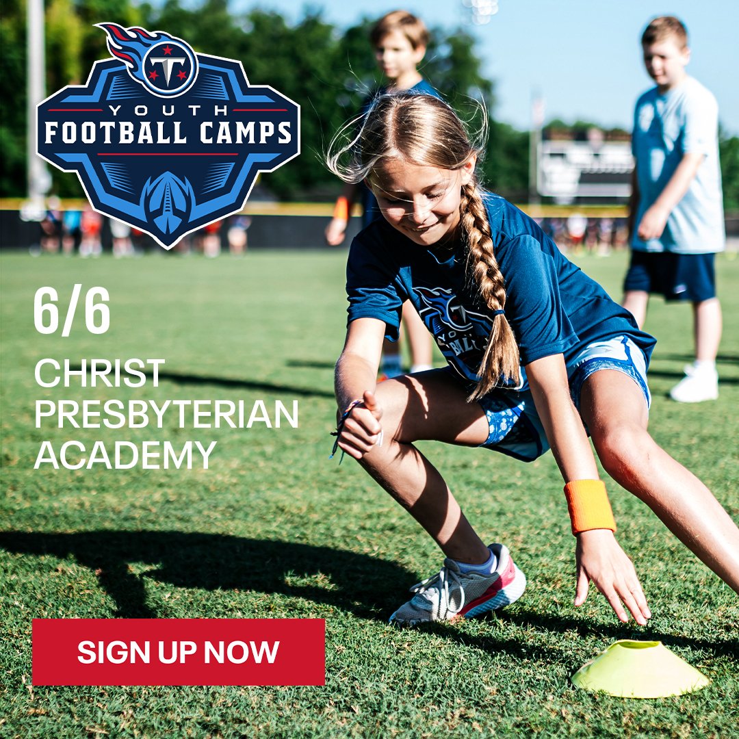 titanscommunity's tweet image. Last chance to sign up for our next two @Titans Youth Football Camps at Christ Presbyterian Academy (6/6) and Austin Peay State University (6/9)‼️
Secure your spot: bit.ly/3Dw3LKk