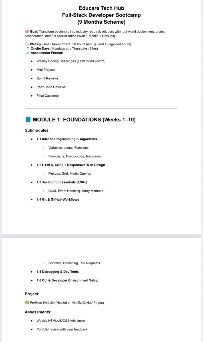 winexviv's tweet image. Here is the course framework for the 9 months intensive software development training we are experimenting.

We requested a N2M deposit from the 12 accepted participants and good insensitive to ensure they either win all or loose all. They also have a guaranteed job afterwards. A…