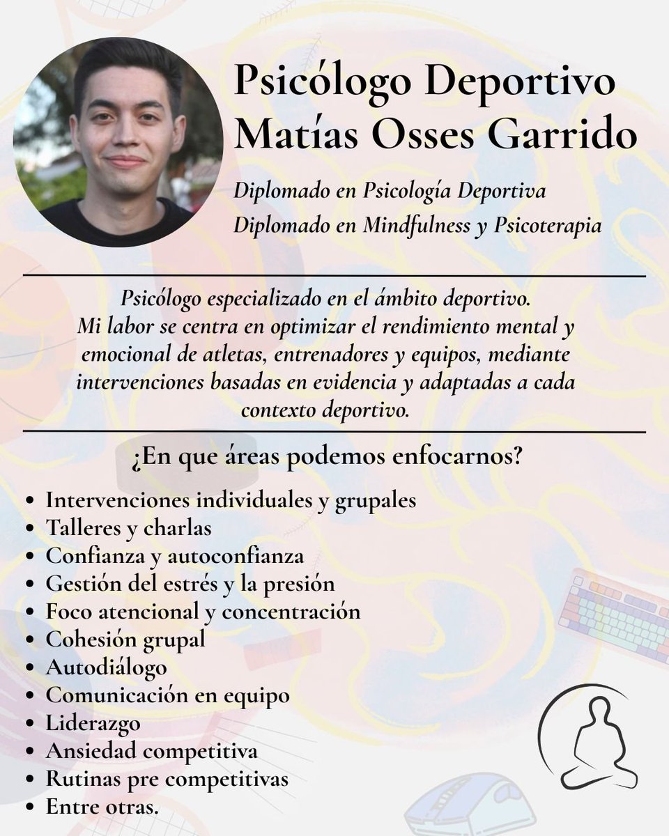 👋 Hola, soy Matías Osses, psicólogo especializado en el ámbito deportivo y en Esports. Mi labor se centra en optimizar el rendimiento mental y emocional de atletas, jugadores, entrenadores y equipos. 

📅 Agenda tu primera sesión o solicita más información por mensaje directo.