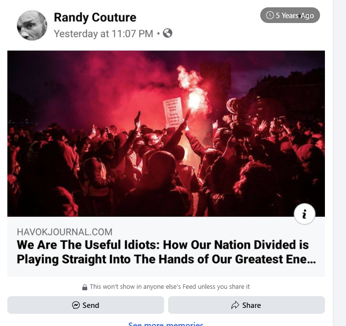 Popped up as a Facebook memory. Five years ago, when UFC superstar Randy Couture reposted one of our articles.