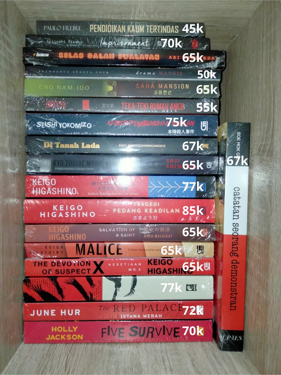 olivairy's tweet photo. Wts novel catatan demonstran, pendidikan kaum tertindas, imprisonment, kelab dlm swalayan, mangir, saha mansion, teka-teki rumah aneh, kasus pemb honjin, tanah lada, tokyo zodiac, midsummer's, tragedi pedang k, salvation, malice, mr. X, namaku alam, red palace, dan five survive https://t.co/fDFNXY5w7O