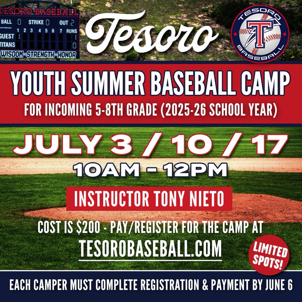 Tesoro Baseball (@tesorotitans_bb) on Twitter photo Join us for our annual Youth Baseball Camp on July 3, 10 & 17. You still have time to sign up at TesoroBaseball.com/titans-team-st… <a href="/OfficialTesoro/">Official Tesoro HS</a> Join us for our annual Youth Baseball Camp on July 3, 10 & 17. You still have time to sign up at TesoroBaseball.com/titans-team-st… <a href="/OfficialTesoro/">Official Tesoro HS</a>