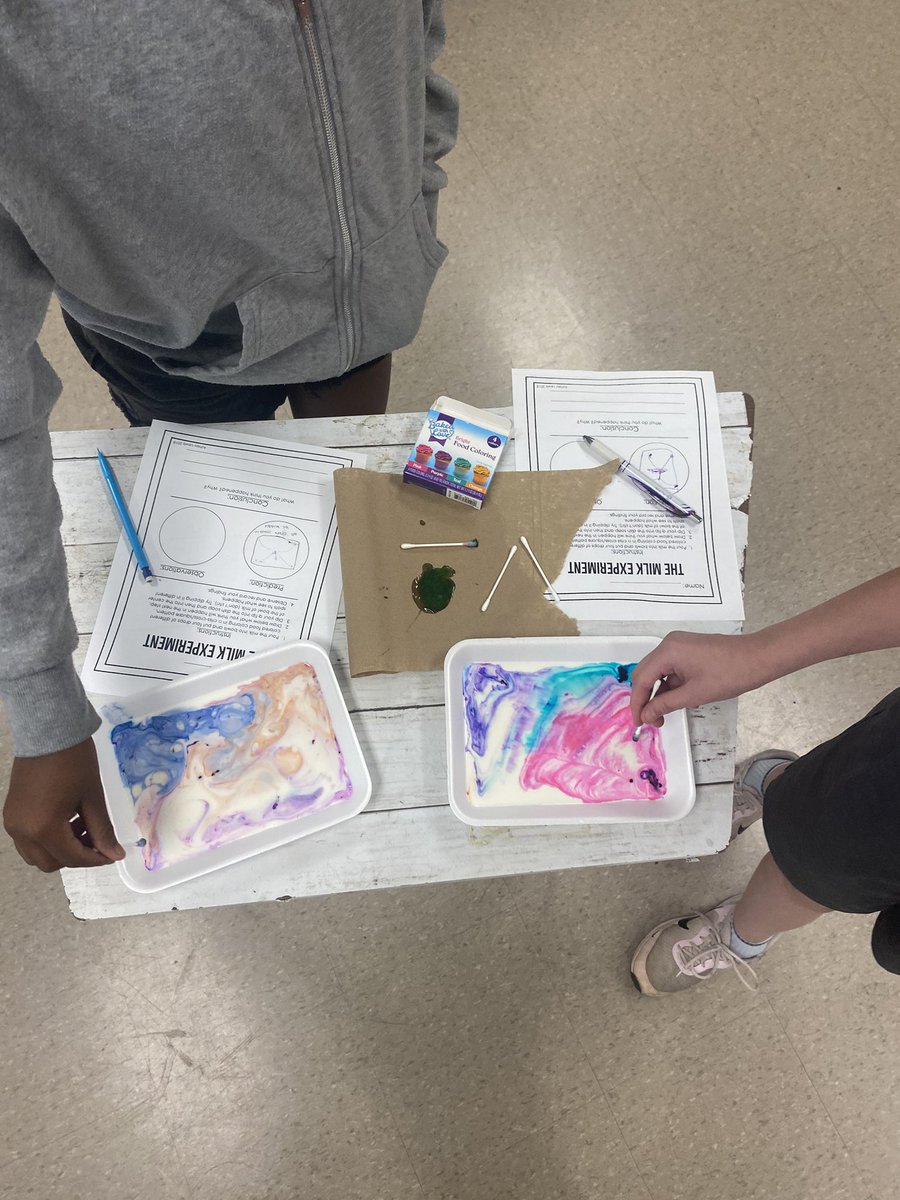 mrs_pearman's tweet image. Our STEAM lesson for Summer Learning: the scientific method with the Milk experiment. We focused on “if/then statements”. Tomorrow we will review this activity and write a formal paragraph using the CER method. #literacyandjusticeforall
