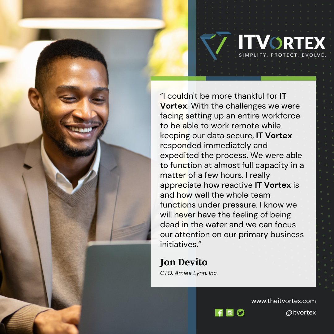 ITVortexLLC's tweet image. Take a look at this testimonial from Jon DeVito! 👍
At IT Vortex, we&apos;re here for you every step of the way to help your business be at its best and protected! Link in our bio to book a consultation! 👨‍💻 #IaaS #CloudInfrastructure #VirtualServers #ITVortex #IT #CloudComputing