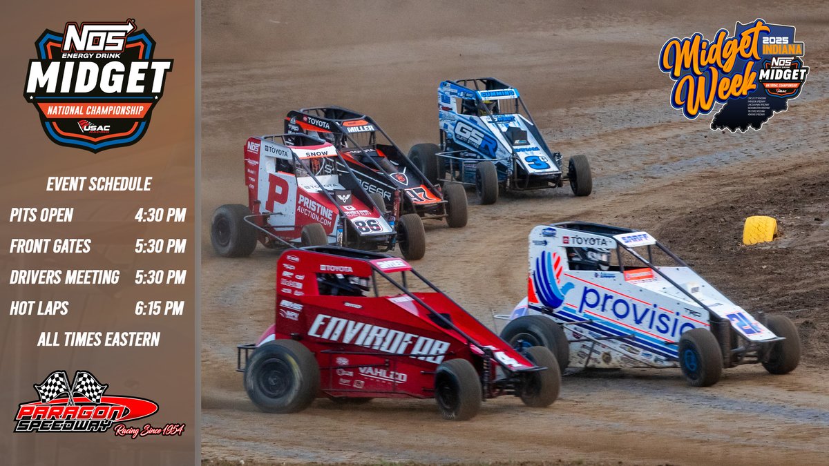 Back for round #2! 👊

Tonight, it's on to <a href="/ParagonSpeedway/">Paragon Speedway</a> for the USAC <a href="/NosEnergyDrink/">NOS Energy Drink</a> Midget National Championship at night ✌️ of USAC Indiana Midget Week.

📺 <a href="/FloRacing/">FloRacing</a> | flosports.link/usac
⏱️ <a href="/RaceMonitor/">Race Monitor</a>
🏆 <a href="/DirtDraft/">Dirt Draft</a> 
📸 <a href="/IRIphotography/">Indy Racing Images</a>