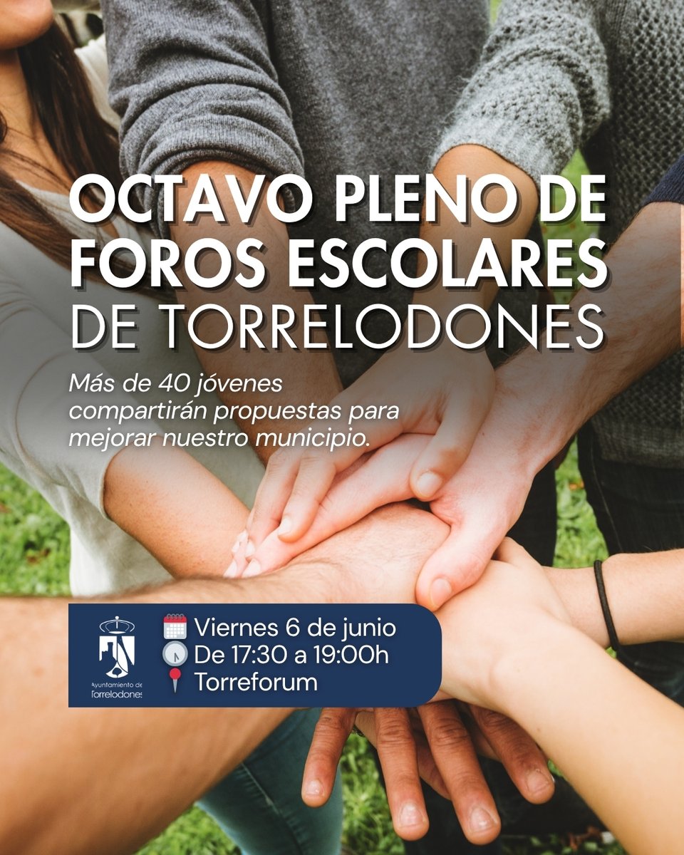Ayuntamiento de Torrelodones (@ayto_torre) on Twitter photo 🗣️ El 6 de junio, Torrelodones celebra el Octavo Pleno de Foros Escolares en Torreforum.
➤ Más de 40 jóvenes compartirán propuestas para mejorar nuestro municipio.
🗓️ Viernes 6 de junio
🕠 De 17:30 a 19:00h
📍 <a href="/zonajoventorre/">Zona Joven Torreforum</a>
Más información: torrelodones.es/noticias/10695… 🗣️ El 6 de junio, Torrelodones celebra el Octavo Pleno de Foros Escolares en Torreforum.
➤ Más de 40 jóvenes compartirán propuestas para mejorar nuestro municipio.
🗓️ Viernes 6 de junio
🕠 De 17:30 a 19:00h
📍 <a href="/zonajoventorre/">Zona Joven Torreforum</a>
Más información: torrelodones.es/noticias/10695…