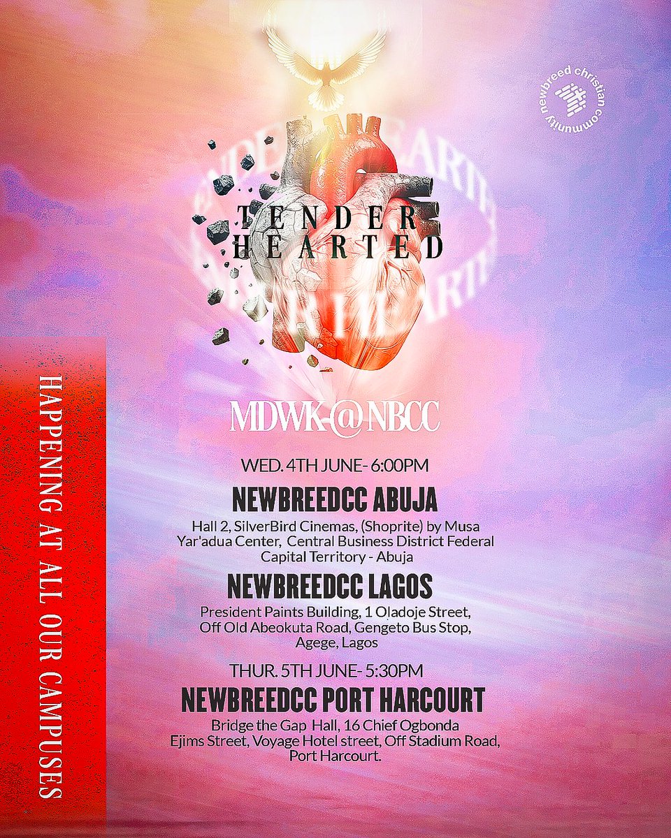 newbreedccng's tweet image. A heart touched by the Spirit is tender — strong enough to love, soft enough to feel, full of grace to give.

THIS MIDWEEK SERVICE, come and let Him renew yours.

📍Abuja | Lagos | PH
🎥 Live on YouTube &amp;amp; Mixlr

#NewbreedCC #TenderHearted #MidweekService