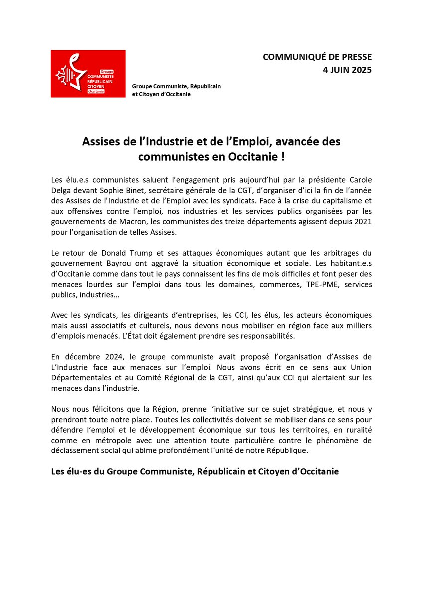 🏭 Assises de l’Industrie et de l’Emploi : une victoire des communistes en Occitanie !

Carole Delga s’engage à les organiser avec les syndicats.

✊ Avec syndicats, entreprises, CCI, élu·es, associations : mobilisons-nous pour défendre nos emplois et nos territoires !
