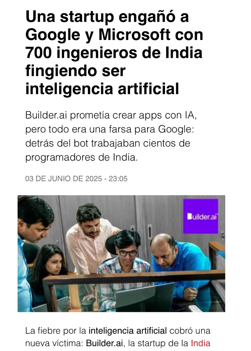 Fascinada con la noticia de la IA TRUCHA, que en realidad eran 700 indios tipeando respuestas a mano. Retrato de época a todos los niveles. Sacá del medio, blackmirror fracasado.