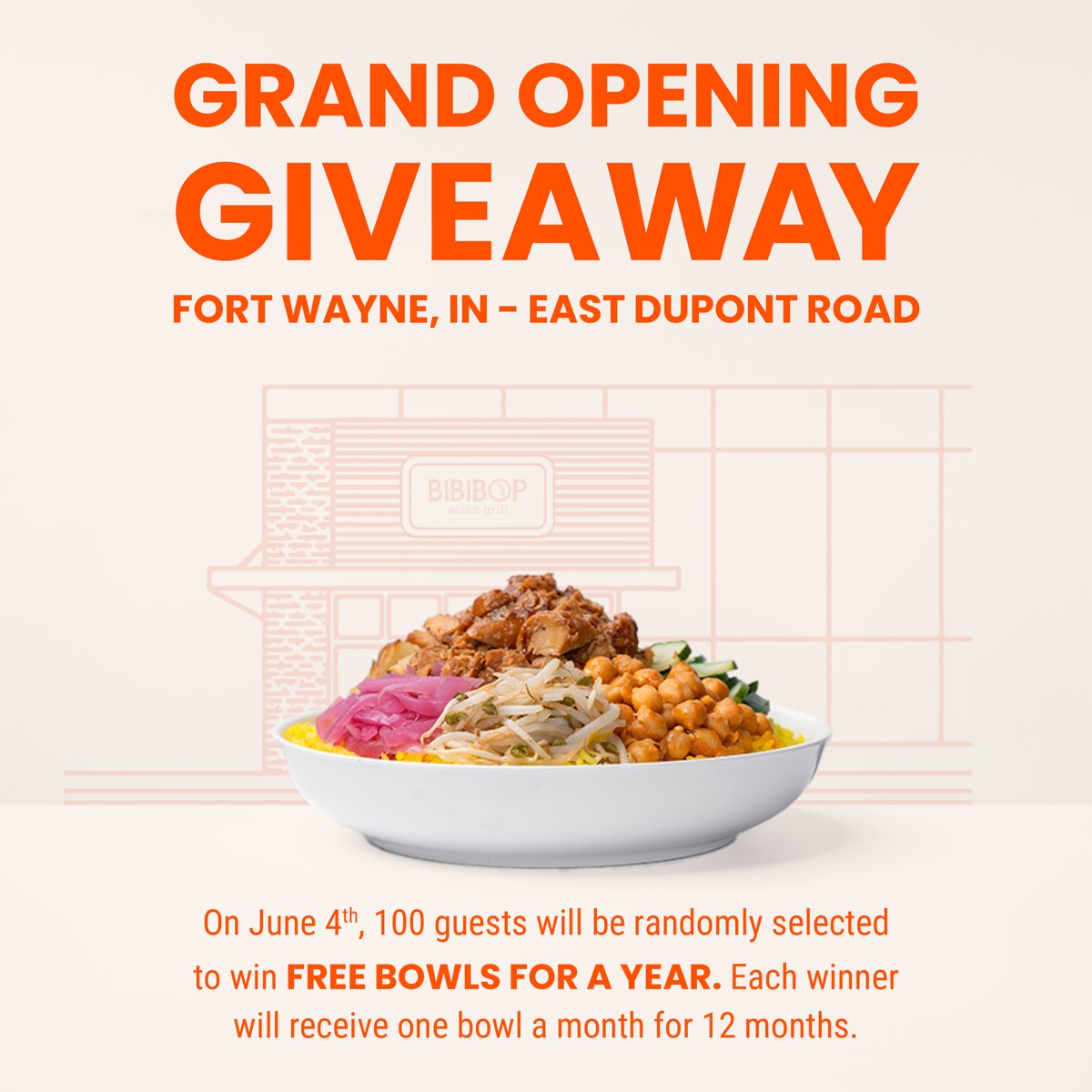 🎉 Grand Opening Alert! 🎉

BIBIBOP Asian Grill opens TODAY in Fort Wayne, IN! 🥳 

Join us for our Grand Opening celebration:

🏆 Win Free BIBIBOP for a Year - 100 lucky winners will get a free bowl each month for a year!
🧡 Wear orange for $5 off!
🧁 Enjoy treats from local