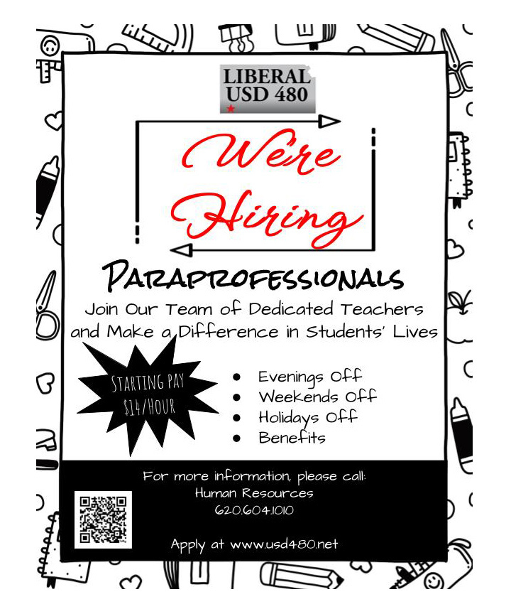 USD480 is hiring paraprofessionals. Make a difference in students' lives.  Check the QR Code or click liberalusd480.schoolspring.com to get started making a difference!