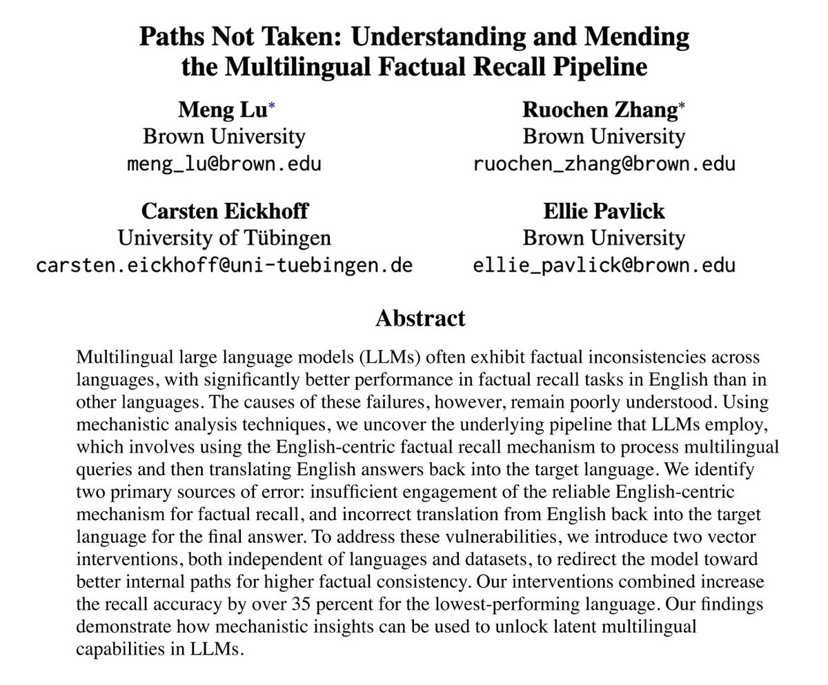 ruochenz_'s tweet image. 🤔Ever wonder why LLMs give inconsistent answers in different languages?
In our paper, we identify two failure points in the multilingual factual recall process and propose fixes that guide LLMs to the "right path." This can boost performance by 35% in the weakest language! 📈
