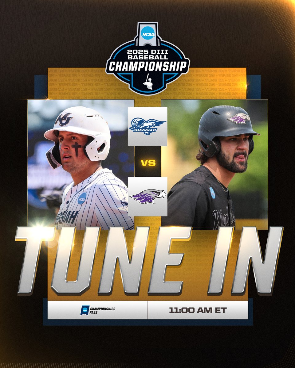 NCAA Division III (@ncaadiii) on Twitter photo ‼️TUNE IN‼️
The Championship is on the line!
<a href="/MessiahSports/">Messiah Athletics</a>
🆚
<a href="/UWWAthletics/">Warhawk Athletics</a>
📺📊 on.ncaa.com/25D3BSBC2
#WhyD3 | #D3baseball ‼️TUNE IN‼️
The Championship is on the line!
<a href="/MessiahSports/">Messiah Athletics</a>
🆚
<a href="/UWWAthletics/">Warhawk Athletics</a>
📺📊 on.ncaa.com/25D3BSBC2
#WhyD3 | #D3baseball