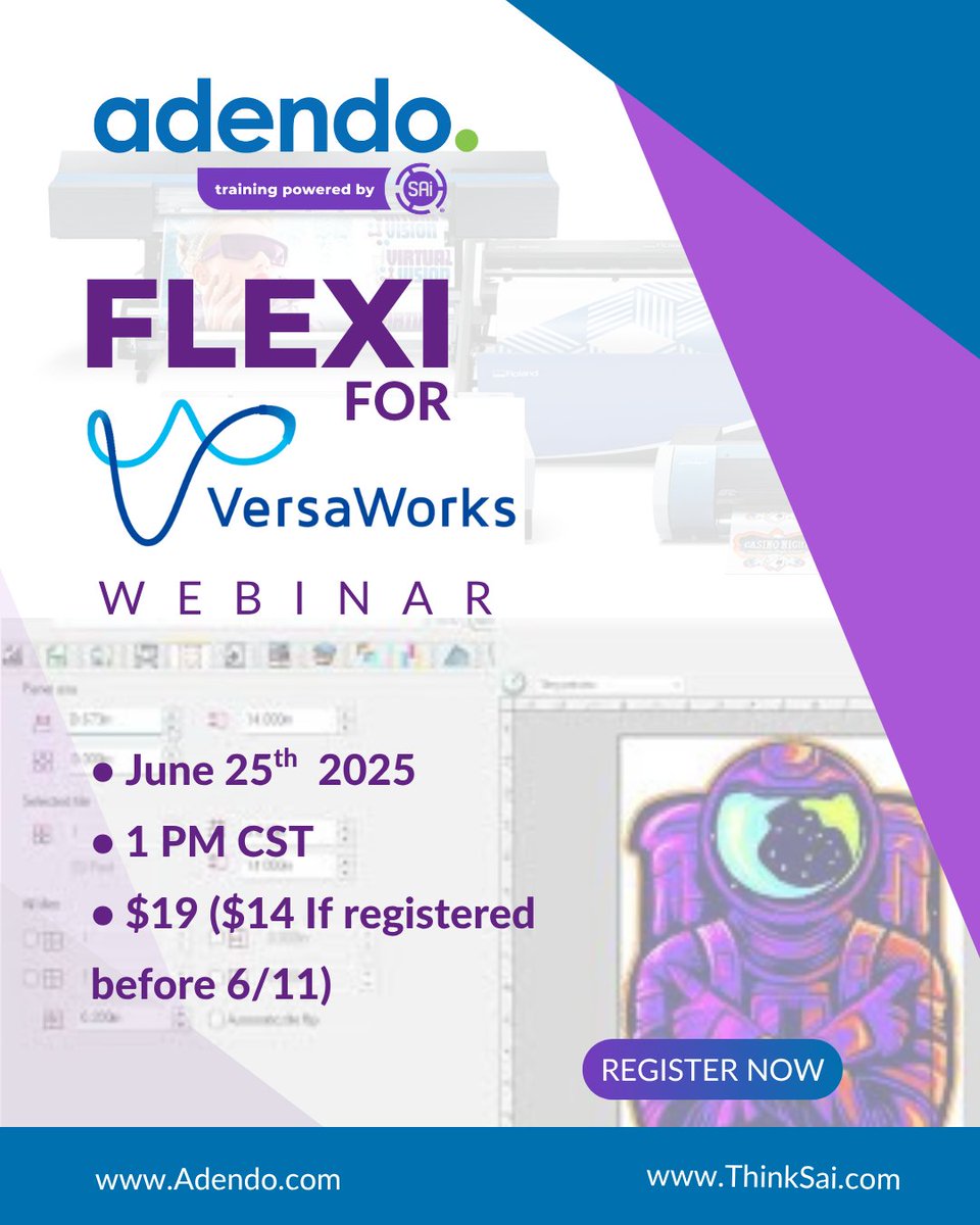 🎨 Flexi + VersaWorks Webinar!
🗓 June 25 | 1PM CST
💻 Learn to fix color, print &amp; cut issues
🎟 $19 or $14 by June 11
🆓 Free for Flexi Community
Register now → adendo.com/product/webina…

#Flexi #VersaWorks #SignShop #RolandPrinter
