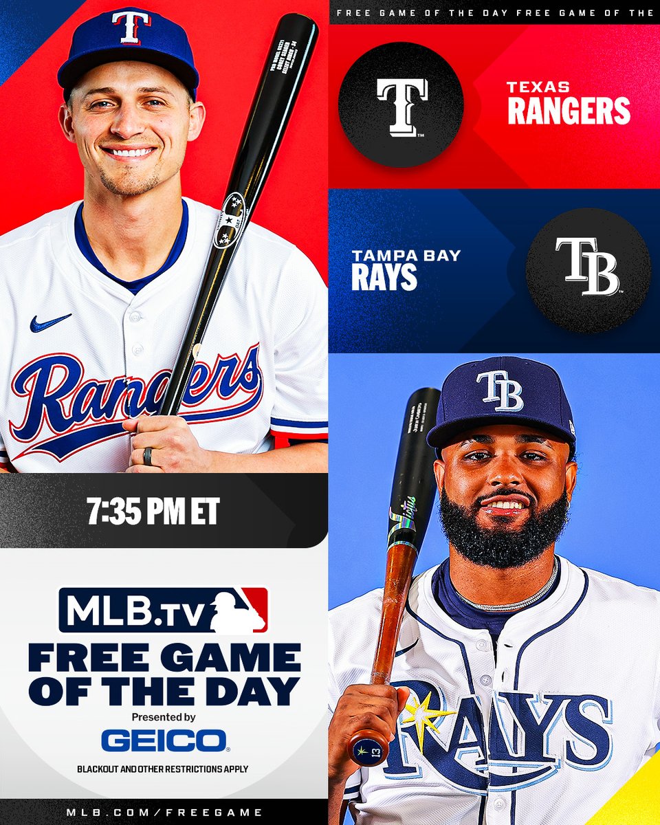 MLB.TV (@mlbtv) on Twitter photo Junior Caminero has hit 5 home runs in his last 6 games. Watch him and <a href="/RaysBaseball/">Tampa Bay Rays</a> face off vs. Corey Seager and the <a href="/Rangers/">Texas Rangers</a>.
Watch for FREE at 7:35 PM ET on #MLBTV
(MLB x GEICO) Junior Caminero has hit 5 home runs in his last 6 games. Watch him and <a href="/RaysBaseball/">Tampa Bay Rays</a> face off vs. Corey Seager and the <a href="/Rangers/">Texas Rangers</a>.
Watch for FREE at 7:35 PM ET on #MLBTV
(MLB x GEICO)