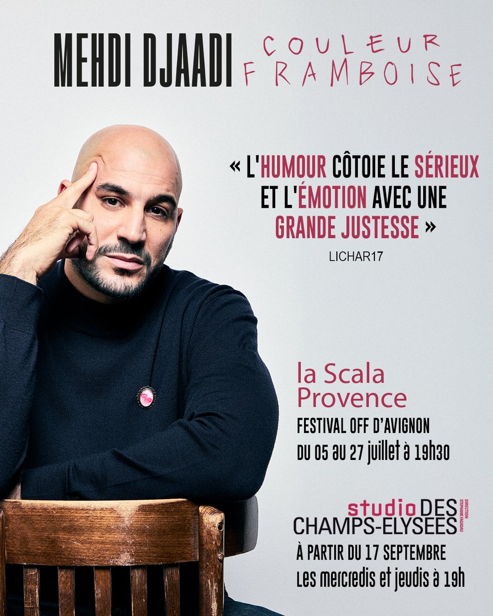 Avant les représentations parisiennes, découvrez « Couleur Framboise », le nouveau spectacle de Mehdi Djaadi à La Scala Provence du 5 au 27 juillet au Festival Off d'Avignon !
kimaimemesuive.fr/mehdi-djaadi-c…