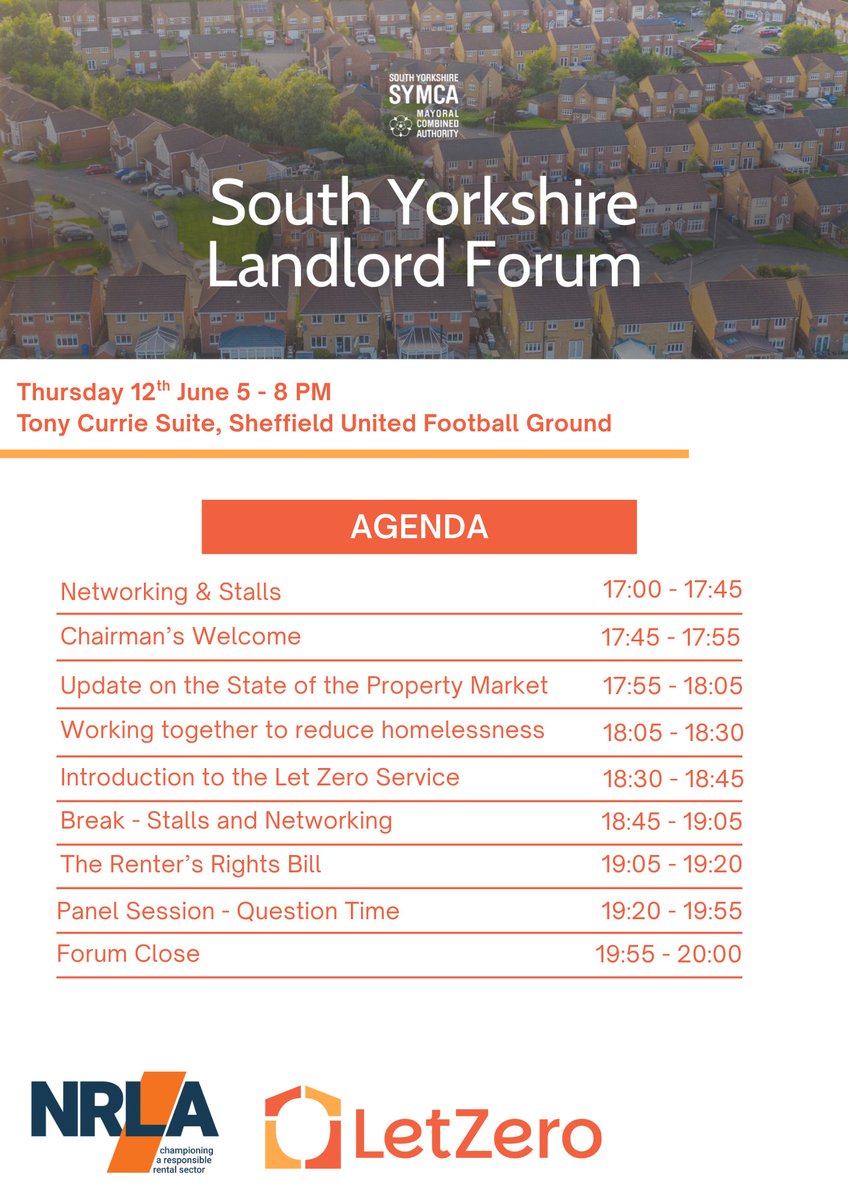 There's still time to book a place on the South Yorkshire Landlord Forum - a free event organised by SYMCA &amp; the National Residential Landlords Association.

Join us on:
📅Thurs 12 June
📍Tony Currie Suite at Bramall Lane Stadium
⏰5pm-8pm

Register here: eventbrite.co.uk/e/south-yorksh…