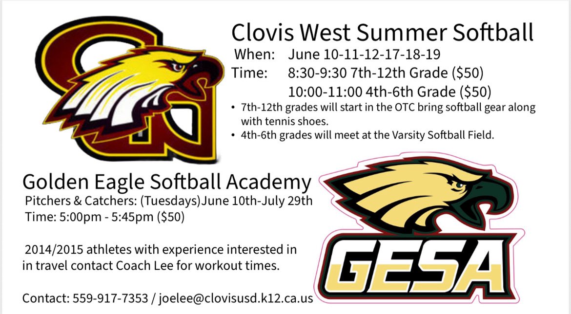 Time To Work!!!!  Clovis West  Softball along with Golden Eagle Softball Academy present our summer softball program. Contact Coach Lee for more information (559)917-7353 or joelee@clovisusd.k12.ca.us
BGR8!!! OP4P!