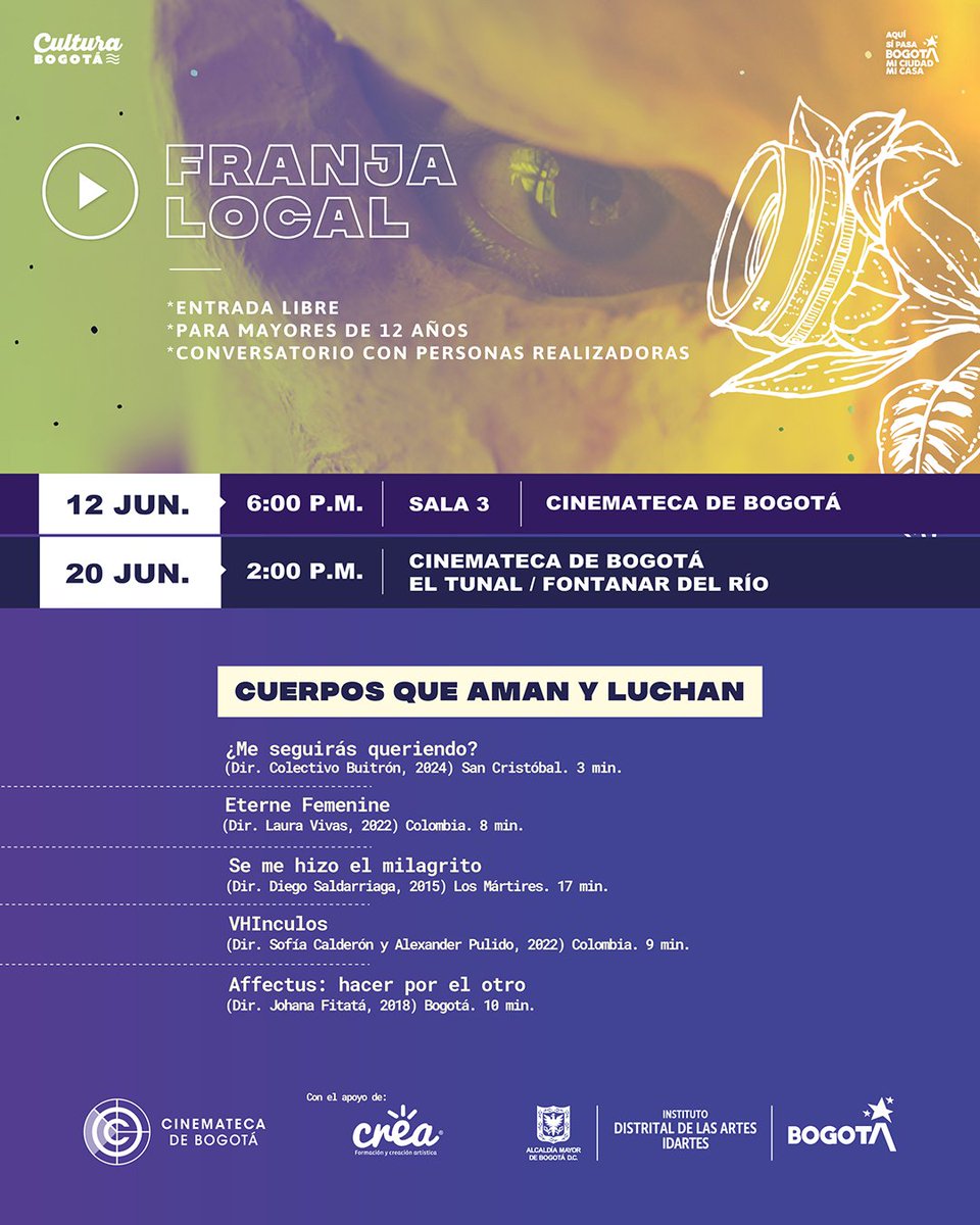CinematecaBta's tweet photo. 🌈✨ En junio, la #FranjaLocal de la Cinemateca de Bogotá, de Idartes, presenta una selección de obras audiovisuales que celebran los vínculos de afecto, solidaridad y alegría en diversas vivencias LGBTI. 🏳️‍🌈 

🎟️ Entrada libre

#AquíSíPasa Bogotá, mi ciudad, mi casa https://t.co/AFUFuugDwJ
