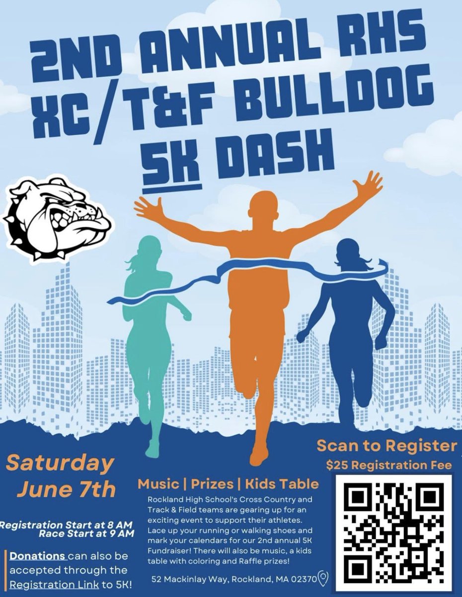 Rockland AD (@rocklanddogs) on Twitter photo We are less than a week away from the 2nd annual <a href="/rhsbulldogs_xc/">RHS XC/T&F Teams</a> Bulldog Dash on Saturday June 7th starting at the front enterance of Rockland High School! Runners and Walkers of all ages are welcome! You can register or donate in the link below!
runsignup.com/Race/MA/Rockla… We are less than a week away from the 2nd annual <a href="/rhsbulldogs_xc/">RHS XC/T&F Teams</a> Bulldog Dash on Saturday June 7th starting at the front enterance of Rockland High School! Runners and Walkers of all ages are welcome! You can register or donate in the link below!
runsignup.com/Race/MA/Rockla…