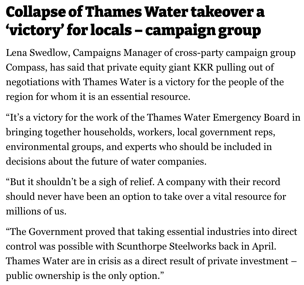 Compass (@compassoffice) on Twitter photo KKR pulling out of negotiations with Thames Water is a win for everyone involved with the Thames Water Emergency Board.
The work has been worth it. But it doesn't stop here.
The only way Thames Water will truly serve the people is public ownership.
Compass in <a href="/theipaper/">The i Paper</a> 👇 KKR pulling out of negotiations with Thames Water is a win for everyone involved with the Thames Water Emergency Board.
The work has been worth it. But it doesn't stop here.
The only way Thames Water will truly serve the people is public ownership.
Compass in <a href="/theipaper/">The i Paper</a> 👇