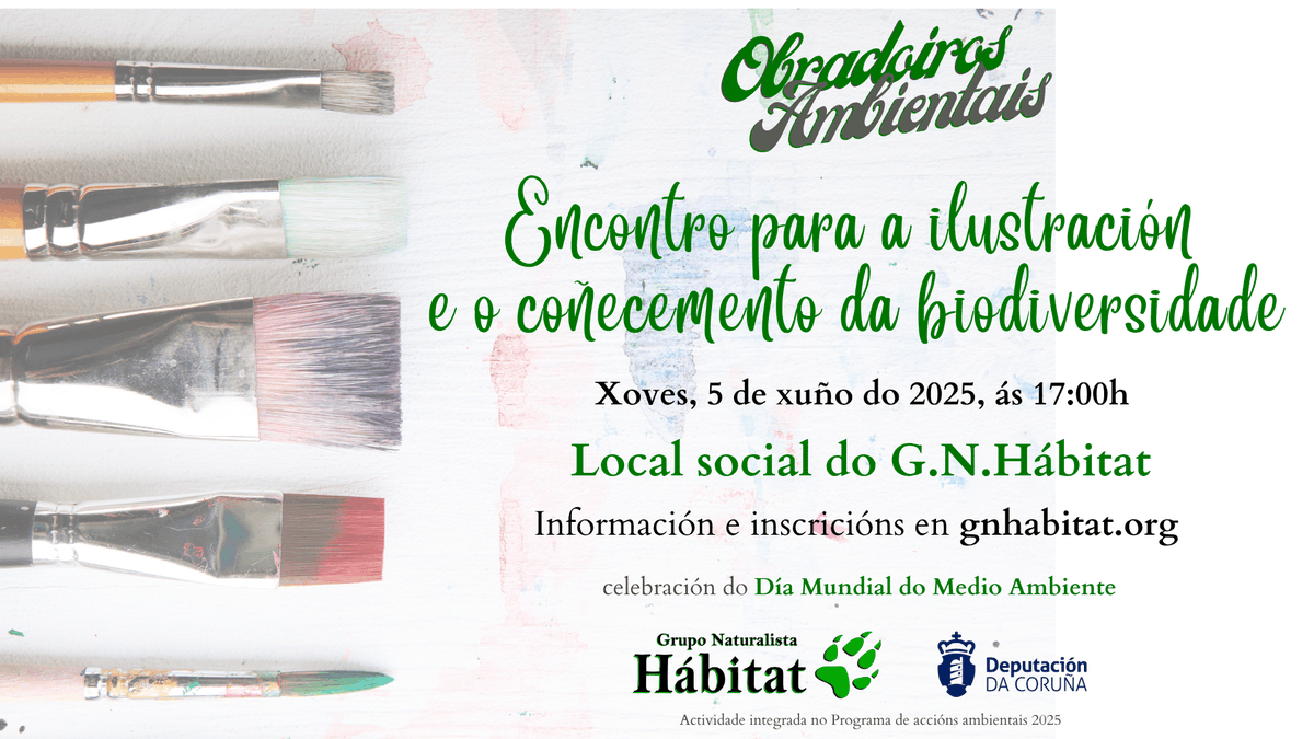 gn_habitat's tweet image. 📣 Mañá xoves, Día Mundial do Medio Ambiente, convidámoste a un ratiño de conversa ambiental, namentres poñemos en práctica de novo a ilustración da natureza 🎨 para o coñecemento da nosa flora e fauna 🐾. Agardámoste!!
Info e inscricións ▶️ bit.ly/4jvtRMr

@Depucoruna