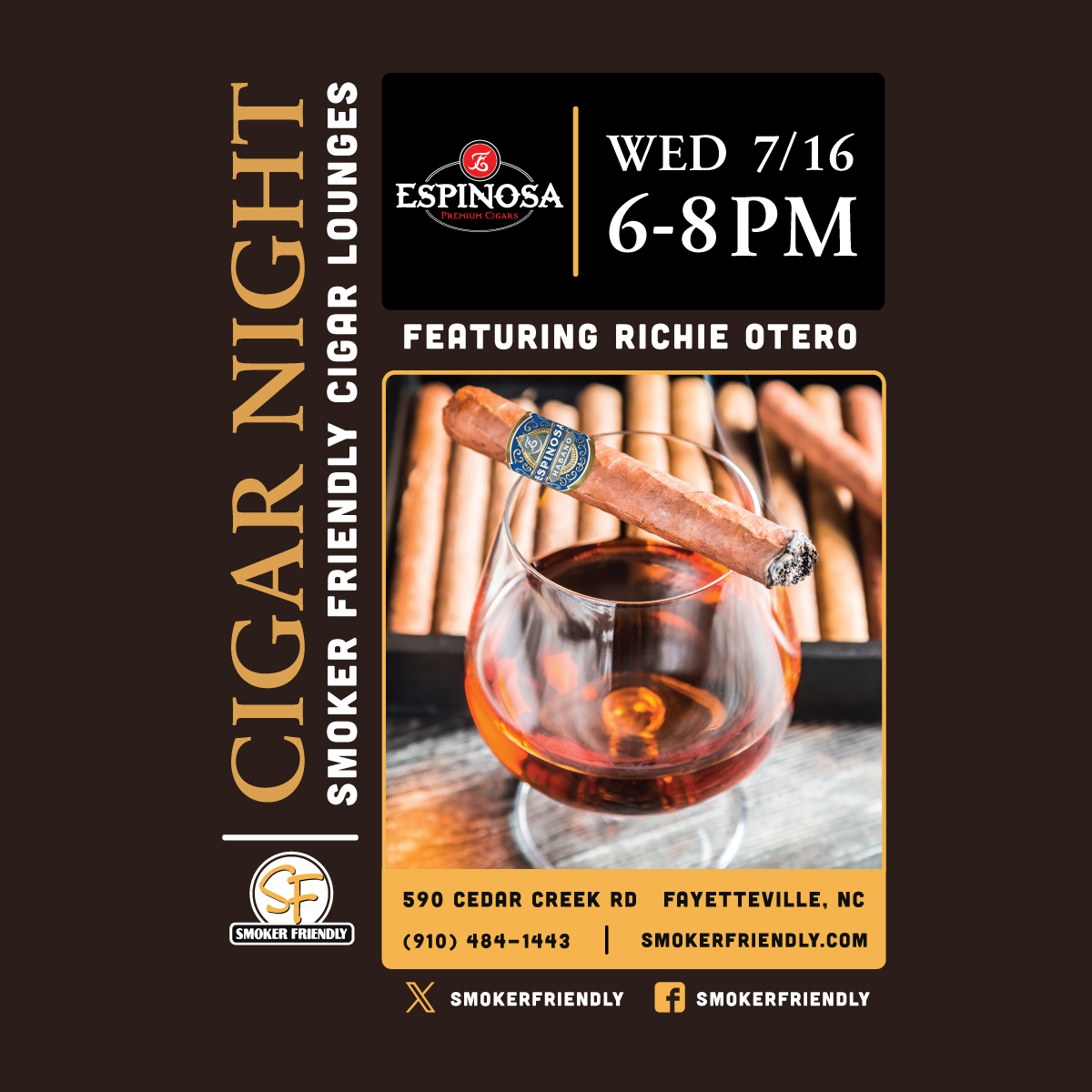 Join us for a Cigar Night at Smoker Friendly in Fayetteville, NC on Wednesday, July 16th from 6PM–8PM and enjoy a premium smoke with Richie Otero, brand rep for Espinosa Cigars. Don’t miss this chance to meet Richie and explore the bold flavors of Espinosa!