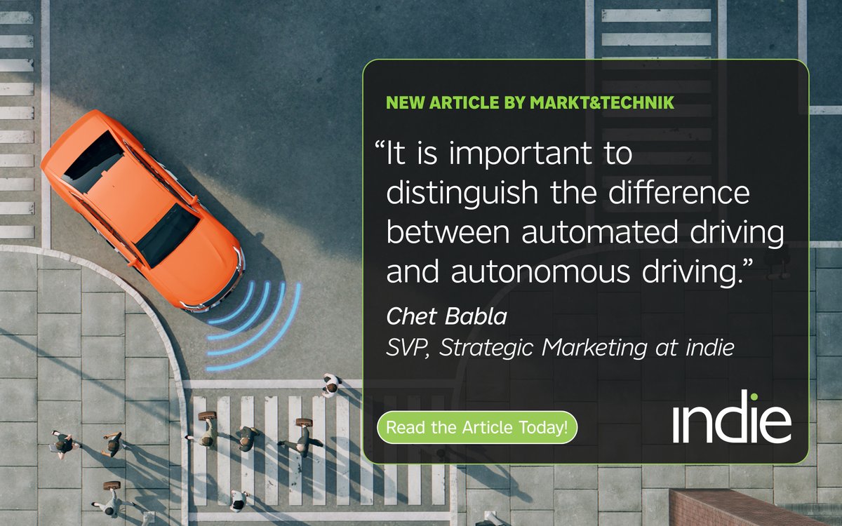“It is important to distinguish the difference between #automateddriving and #autonomous driving.” 

Chet Babla, SVP, Strategic Marketing at indie, highlights the technical, commercial, and economic challenges in a feature by Markt&amp;Technik.   

Read today: bit.ly/43oxKy1