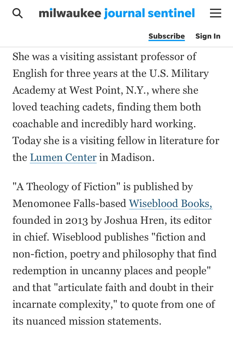 Cassandra Nelson (@cmnelson71) on Twitter photo Absolutely in awe. A Theology of Fiction is the Wisconsin Book of the Month for the <a href="/journalsentinel/">Journal Sentinel</a>! And two Milwaukee natives, <a href="/WisebloodBooks/">Wiseblood Books</a> and I, are given a lovely welcome home by <a href="/jhiggy/">Jim Higgins</a>. My campaign to claim the mid-century Catholic lit renaissance for WI continues Absolutely in awe. A Theology of Fiction is the Wisconsin Book of the Month for the <a href="/journalsentinel/">Journal Sentinel</a>! And two Milwaukee natives, <a href="/WisebloodBooks/">Wiseblood Books</a> and I, are given a lovely welcome home by <a href="/jhiggy/">Jim Higgins</a>. My campaign to claim the mid-century Catholic lit renaissance for WI continues