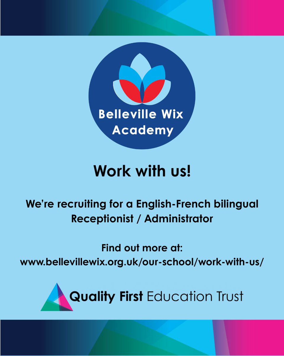 We are currently seeking an English and French speaking receptionist/ administrator to join our busy and friendly school office team.

To find out more and to apply, please visit:
bellevillewix.org.uk/our-school/wor…

The closing date for applications is 12noon on Monday 23rd June.