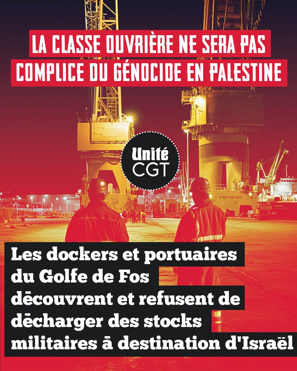 UniteCGT's tweet image. 🔴 « Pour la paix, pour l'arrêt des guerres dans le monde, pour une société débarrassée de l'exploitation capitaliste. » : avec la CGT, les dockers et ouvriers portuaires du Golfe de Fos découvrent et refusent de décharger des stocks militaires à destination d’Israël.