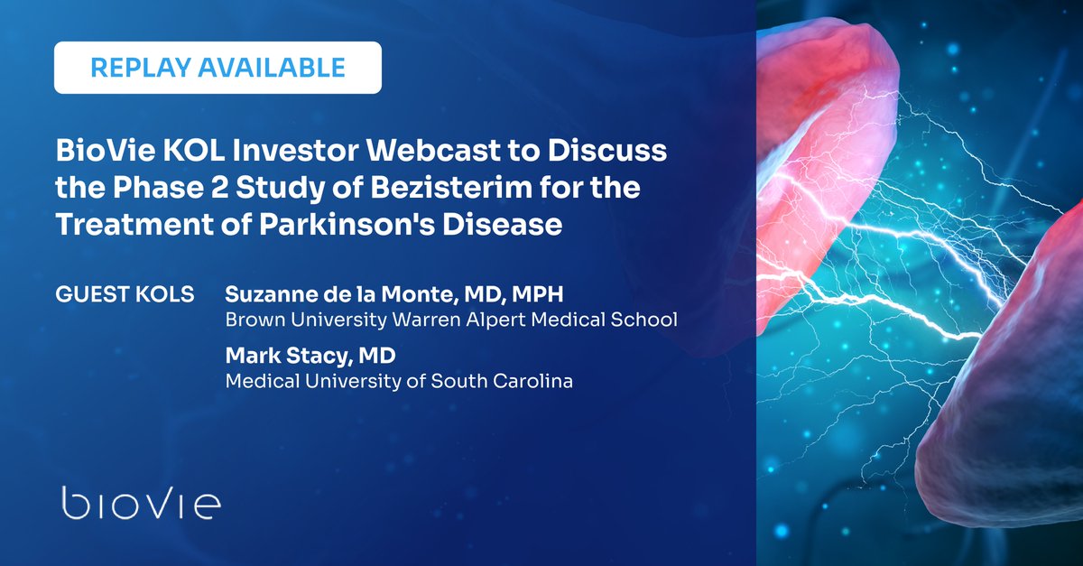 Last week we held a virtual KOL event with two leading experts in the field to discuss the unmet need in #ParkinsonsDisease along with an overview of our currently enrolling SUNRISE-PD trial in newly diagnosed patients.

Catch the replay here: lifescievents.com/event/biovie-4/

$BIVI
