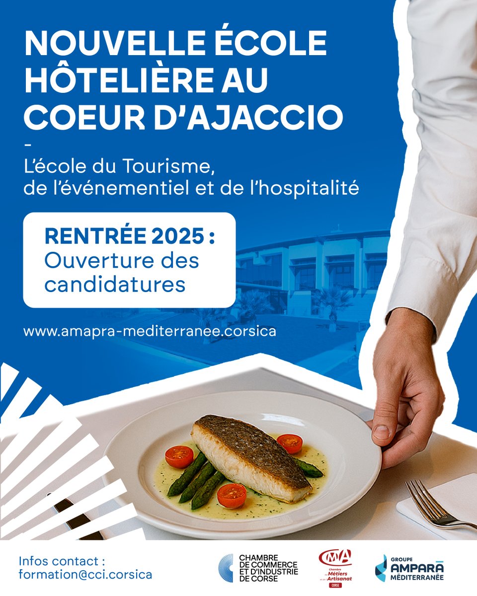 CciCorse's tweet image. 🎓 Une nouvelle école hôtelière ouvrira à Ajaccio fin 2025, au Palais des Congrès. 
Portée par le @groupeamparamed, elle formera les futurs pros de l’hôtellerie, la restauration &amp;amp; l’événementiel. 
👉 Inscriptions ouvertes : ampara-mediterranee.corsica/candidature/ca… #Formation #Tourisme…