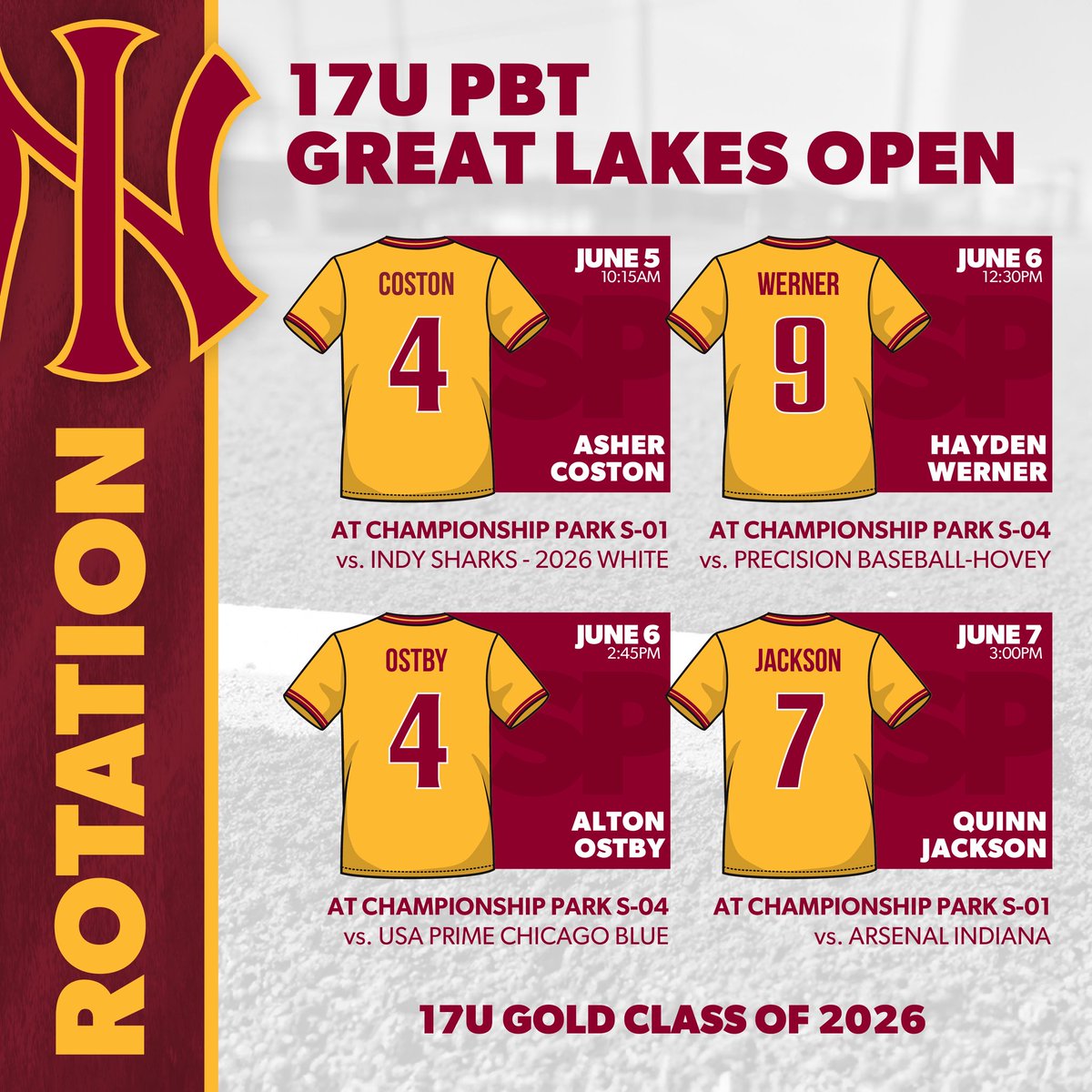 Indiana Nitro Gold 2026 (@nitrogold2026) on Twitter photo Here is our Nitro 17U Gold Starting Pitching Rotation for this week’s PBT Great Lakes Open tournament at Championship Park in Kokomo:
<a href="/asher_coston/">Asher Coston</a>
<a href="/HaydenWerner16/">Hayden Werner</a>
<a href="/AltonOstbyBSBL/">Alton Ostby</a>
<a href="/QuinnCJackson11/">Quinn Jackson</a> Here is our Nitro 17U Gold Starting Pitching Rotation for this week’s PBT Great Lakes Open tournament at Championship Park in Kokomo:
<a href="/asher_coston/">Asher Coston</a>
<a href="/HaydenWerner16/">Hayden Werner</a>
<a href="/AltonOstbyBSBL/">Alton Ostby</a>
<a href="/QuinnCJackson11/">Quinn Jackson</a>