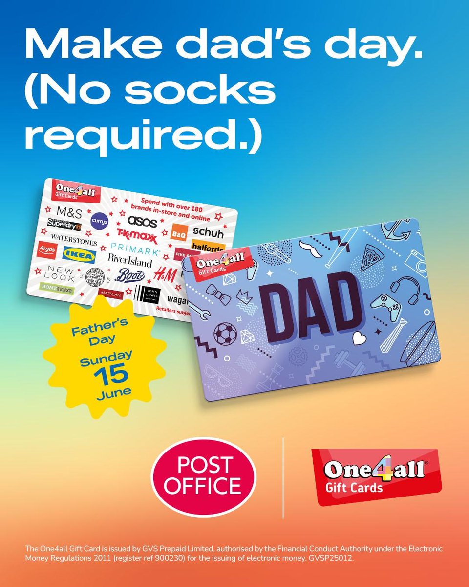 ChapelStores's tweet photo. Give him the freedom to choose with a One4all Gift Card this Father’s Day👨, he can spend directly in-store and online with 100s of retailers on 1000s of brands. https://t.co/o7gOa9GubT