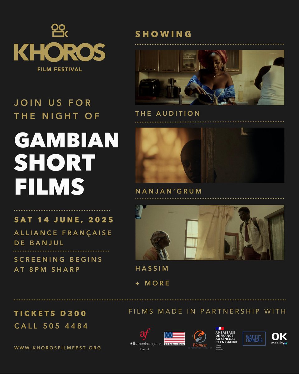 Hey! 🎥 Got plans for Saturday, June 14, 2025?
How about a movie date night — Gambian style? 🇬🇲
Khoros Film Festival, in collaboration with Alliance Française de Banjul, is hosting a special movie night to celebrate Gambian cinema with a screening of the 3 films we made last year