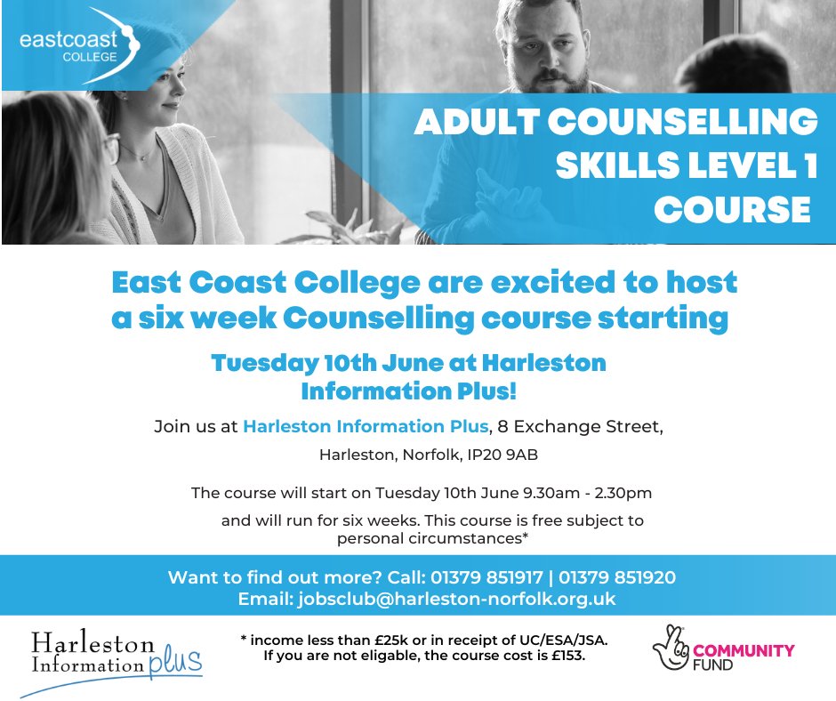 HarlestonIP's tweet image. We’re teaming up with @EastCoast_Coll to bring 2 brilliant courses to Harleston this June!
Caring for Children L1 – starting 9th June
Counselling Skills L1 – starting 10th June
9:30am–2:30pm
Free if earning under £25k or on UC/ESA/JSA
@JCPInEastAndMid #AdultLearning #FreeCourses