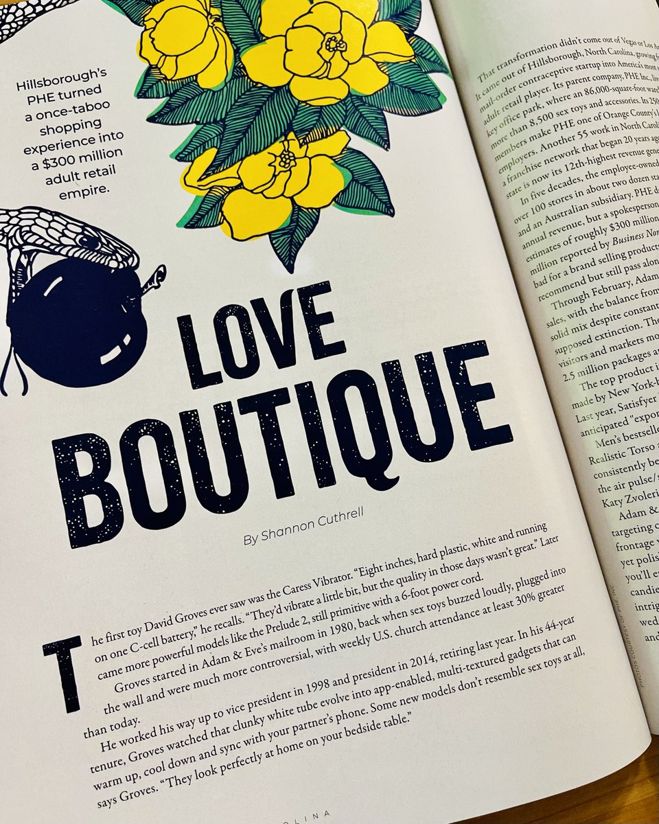 I had fun writing this cover story for <a href="/BusinessNC/">Business North Carolina</a>. Read the story behind Adam &amp; Eve, the $300 million adult retail empire from Hillsborough, NC. 🍎🐍
Print (PDF) edition: issuu.com/businessnc/doc…

Web version: businessnc.com/love-boutique/