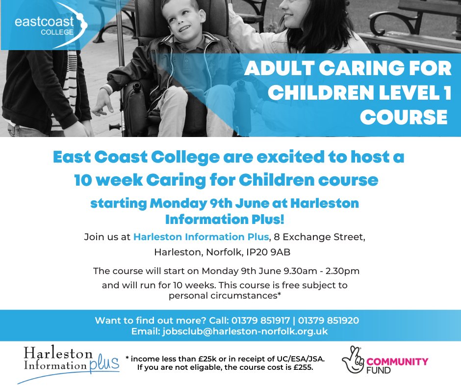HarlestonIP's tweet image. We’re teaming up with @EastCoast_Coll to bring 2 brilliant courses to Harleston this June!
Caring for Children L1 – starting 9th June
Counselling Skills L1 – starting 10th June
9:30am–2:30pm
Free if earning under £25k or on UC/ESA/JSA
@JCPInEastAndMid #AdultLearning #FreeCourses
