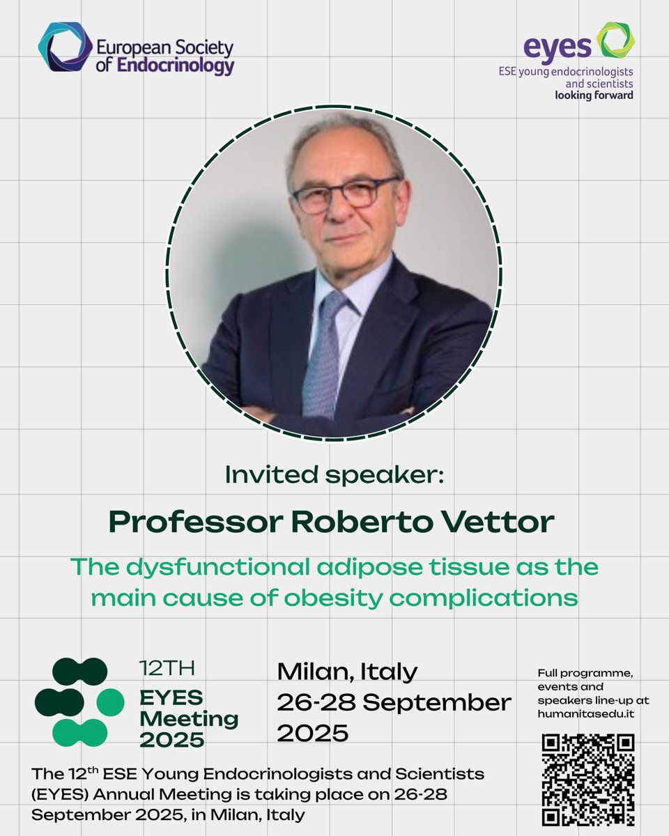📣 Speaker announcement for the EYES Meeting 2025!

This is the first of many phenomenal speakers you’ll hear from in Milan - Prof Roberto Vettor 

Register and submit your abstract! ⏳

Join the <a href="/EYEScientists/">EYES</a> Meeting in Milan 🇮🇹 🔜

➡️ ow.ly/sQaT50W46jP