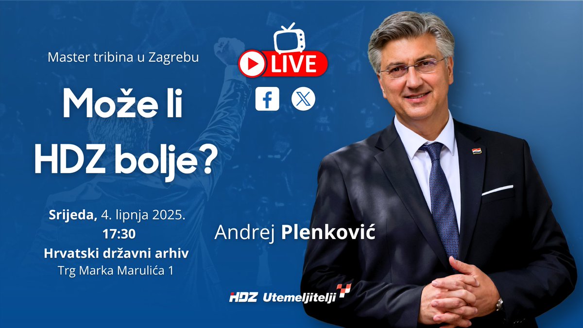 HDZ_HR's tweet image. LIVE STREAM. Master tribina u organizaciji Zajednice utemeljitelja HDZ-a "Dr. Franjo Tuđman" na kojoj gostuje PHDZ/PVRH @AndrejPlenkovic! Tema: Može li HDZ (još) bolje? Nakon uvjerljive pobjede na #lokalniizbori2025, predsjednik #HDZ i #VladaRH govorit će o ključnim izazovima &amp;amp;