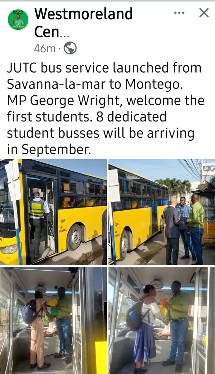 JUTC bus service launched from Savanna-la-mar to Montego. MP George Wright, welcome the first students. 8 dedicated student busses will be arriving in September.