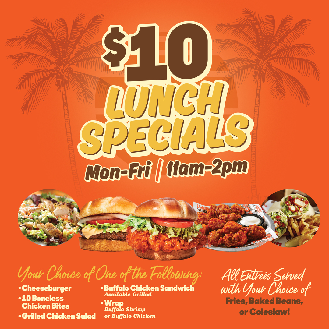 Lunch Just Got Better! 
Swing by Monday–Friday from 11am to 2pm for our $10 Lunch Specials! 
Choose from tasty favorites like a cheeseburger, grilled chicken salad, wraps &amp; more — all served with your choice of fries, baked beans, or coleslaw.